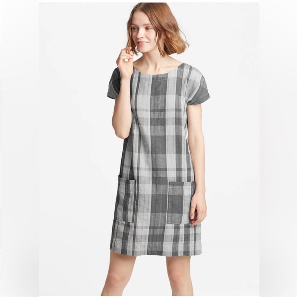 Gray Plaid Organic Linen Dress with Pickets